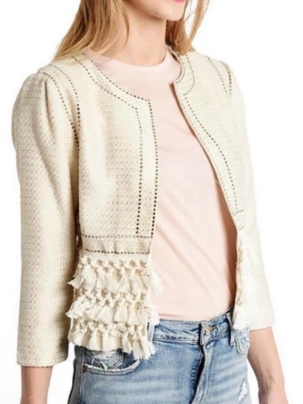 Cupcakes & Cashmere Tassel Knit Cream Woven Open Front Jacket Blazer Size M